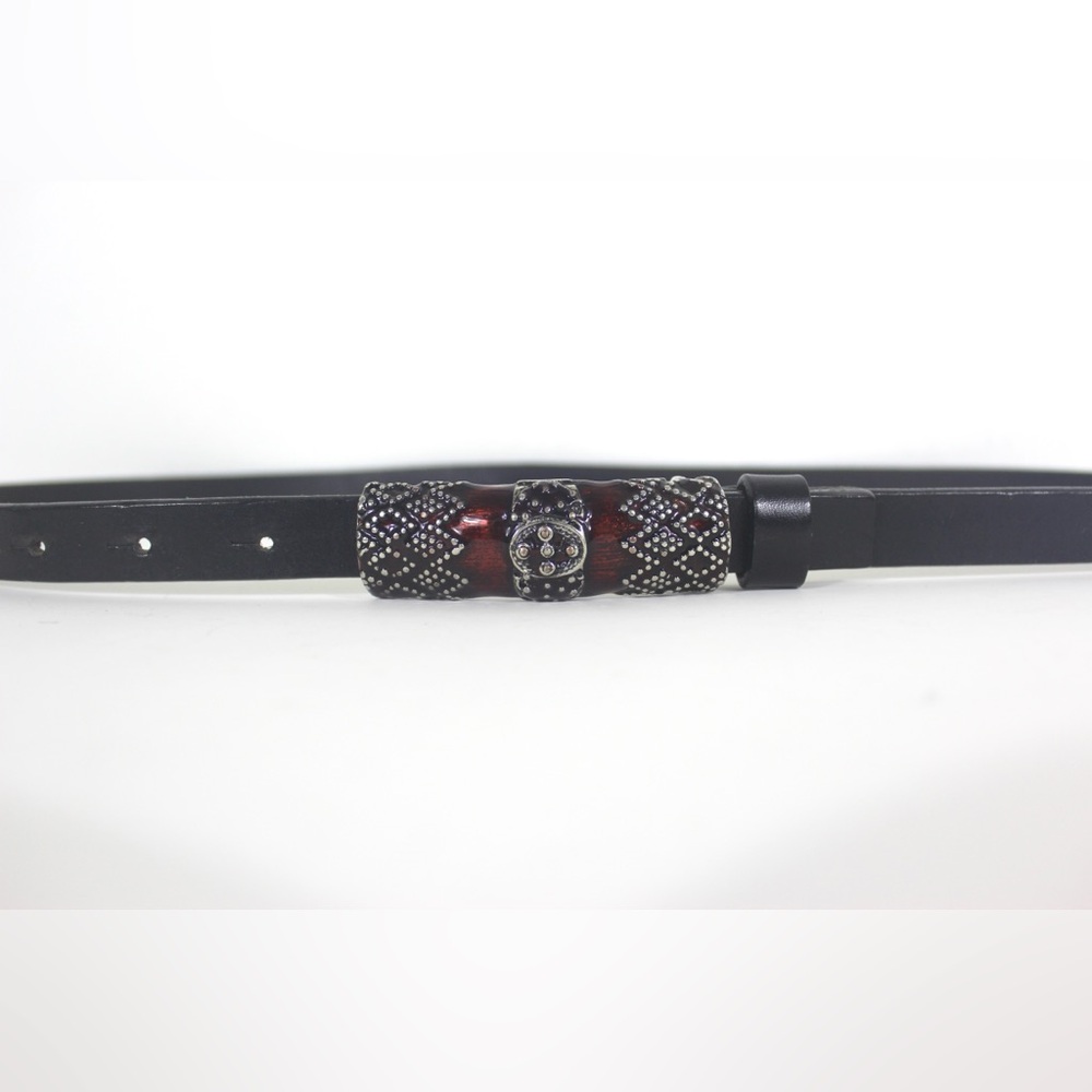 Skinny Black Italian Leather Belt with Silver and Red Enamel Buckle Made Italy